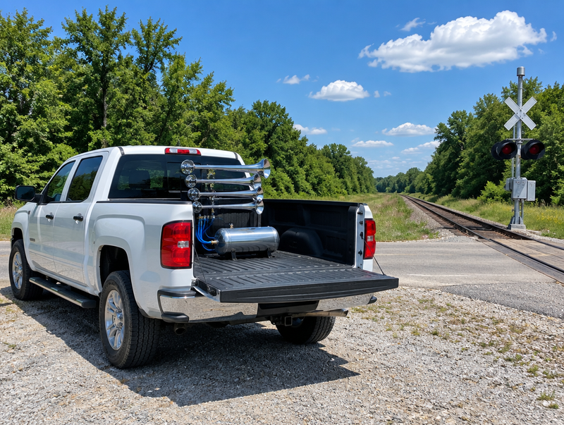 Pickup truck with four chrome train horn trumpets in its bed, parked beside a rural railroad crossing on a sunny day.
