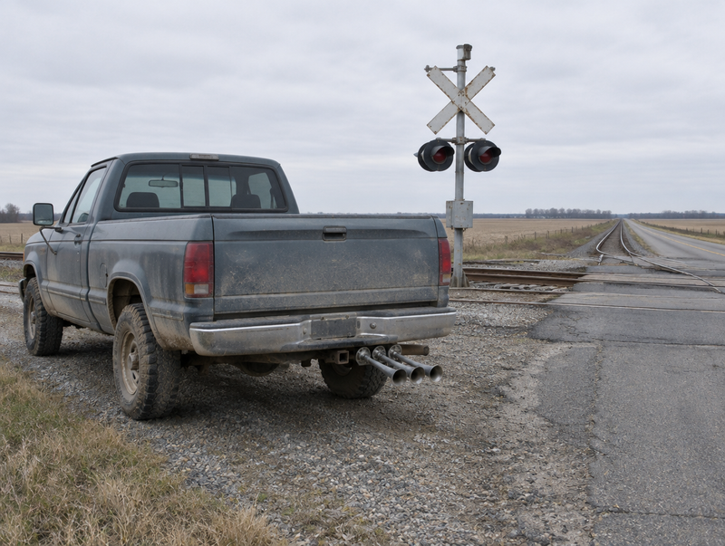A dusty pickup truck with chrome air horns under its bed, parked beside a rural railroad crossing on an overcast day.