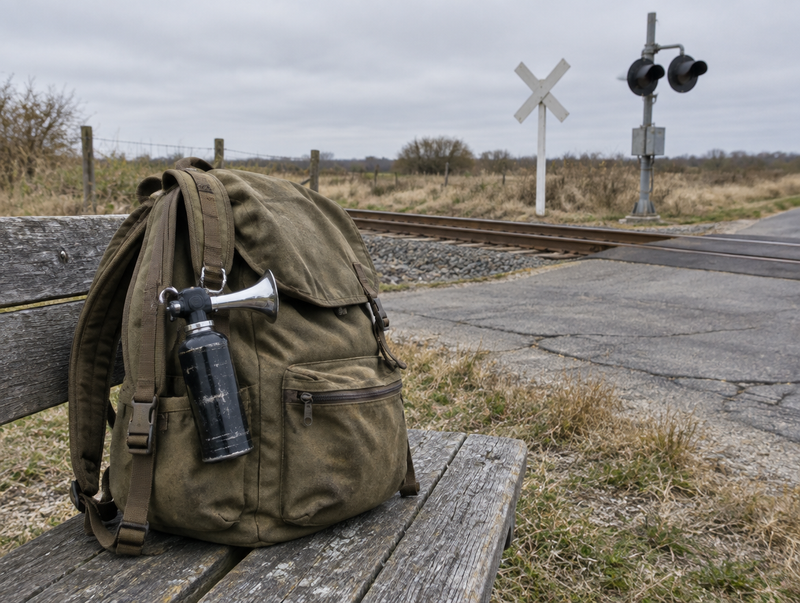 A daypack with a compact air horn clipped to its strap sits on a bench beside a rural railway level crossing.