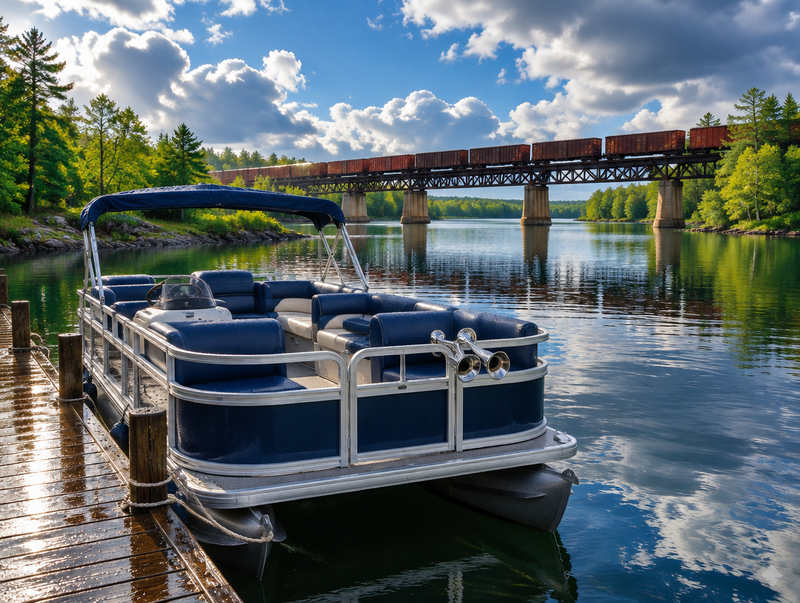 Pontoon boat with chrome train horns at a wet lake dock, a freight train crossing a trestle bridge behind it after rain