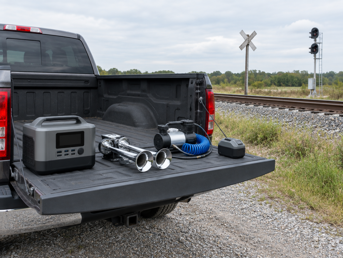 A portable power station, train horn, compressor and tool battery on a pickup tailgate beside railroad tracks.
