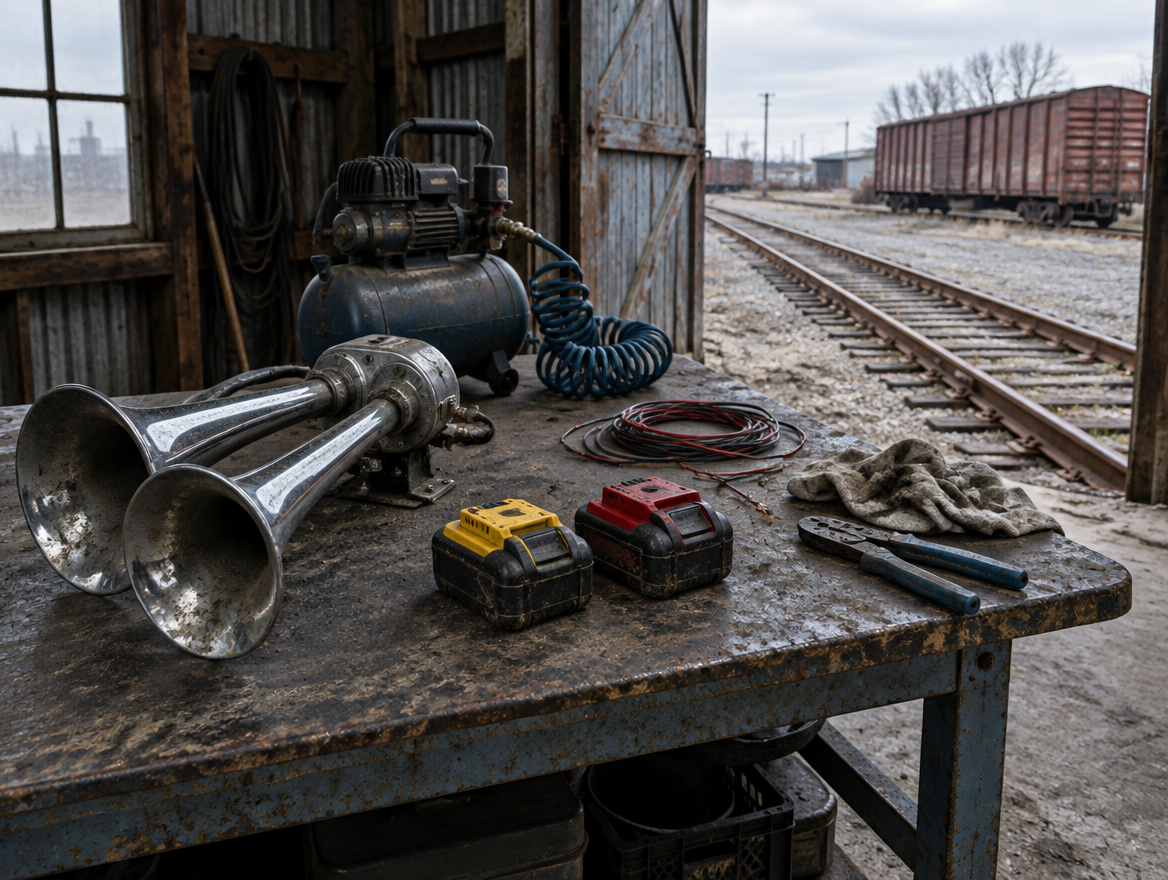 A train horn and two cordless tool battery packs on a dusty shed workbench, with rail track through the open door.