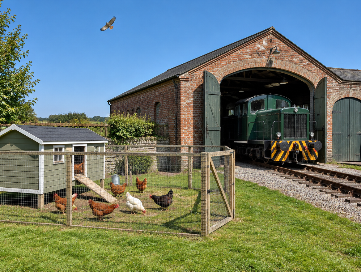 Hens in a tidy chicken run beside an old brick engine shed with a locomotive outside as a hawk circles overhead.