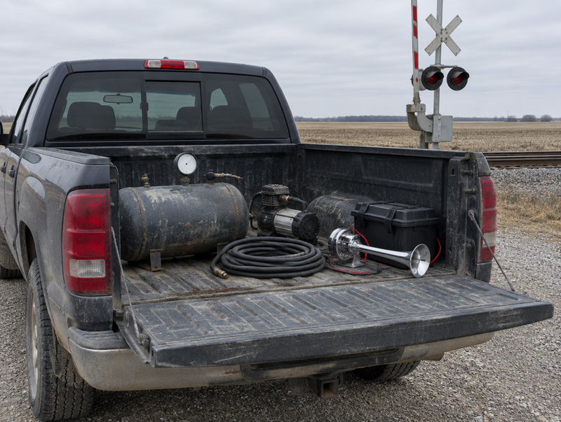 Pickup truck bed at a rural level crossing holding a steel air tank and compressor next to a small battery-powered horn.