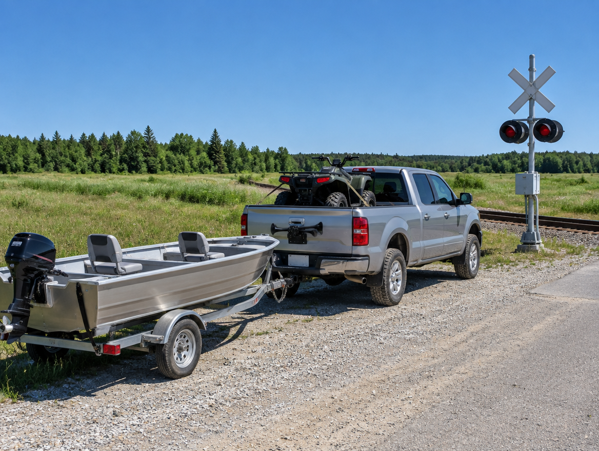 A pickup towing a small boat, with an ATV in the bed, parked beside a rural railroad crossing under a blue sky.