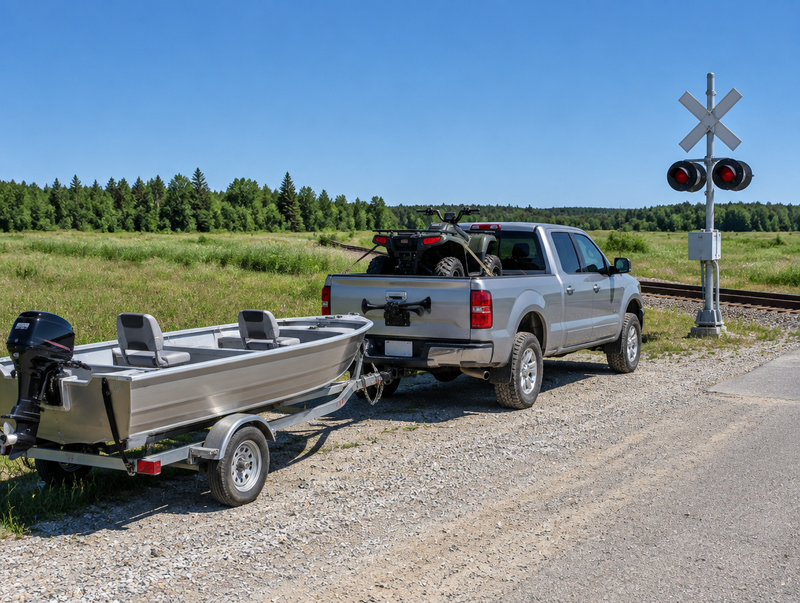 A pickup towing a small boat, with an ATV in the bed, parked beside a rural railroad crossing under a blue sky.