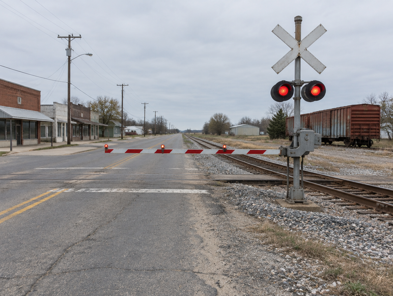 A small-town level crossing on an overcast day, with a crossbuck, signal mast, lowered gate and a parked freight boxcar.