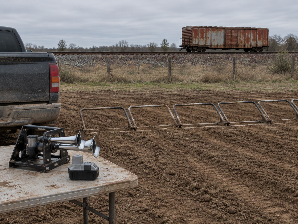 A dirt motocross start gate with a battery train horn on a table, a rail line and freight boxcar just beyond the fence.