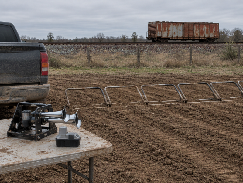 A dirt motocross start gate with a battery train horn on a table, a rail line and freight boxcar just beyond the fence.