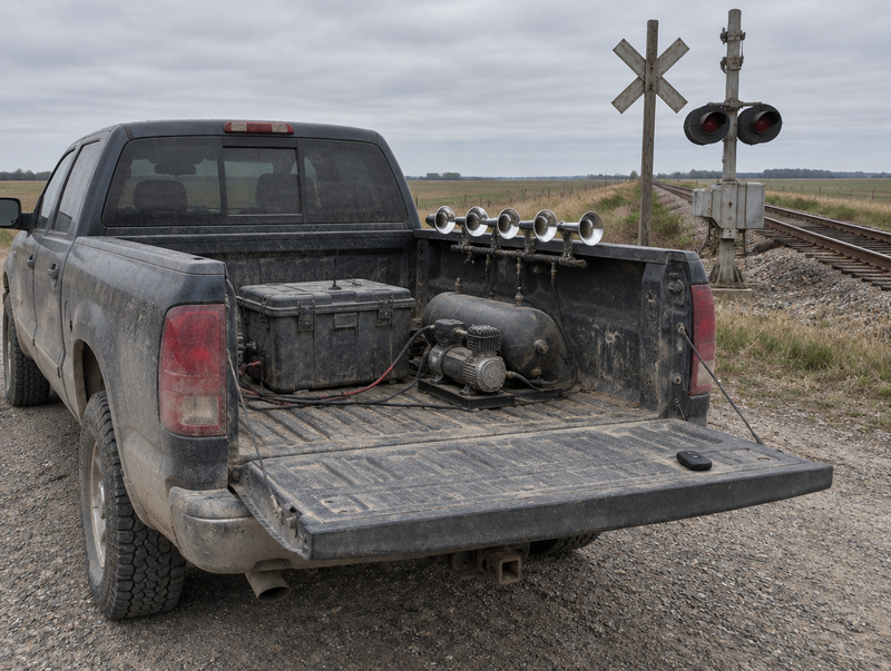 Dusty pickup with train horns and a receiver box in the bed, parked beside a rural level crossing on an overcast day