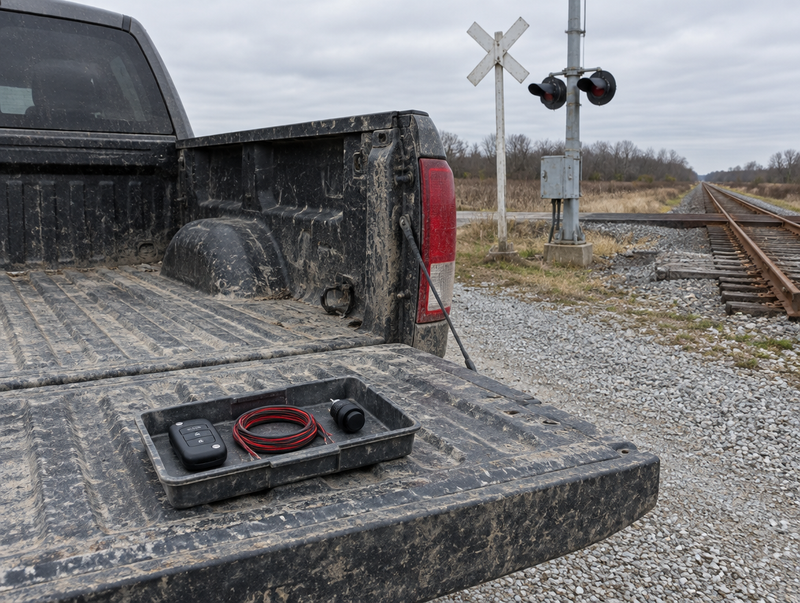 Spare wireless remote, wire, and push-button on a dusty pickup tailgate beside a rural level crossing.