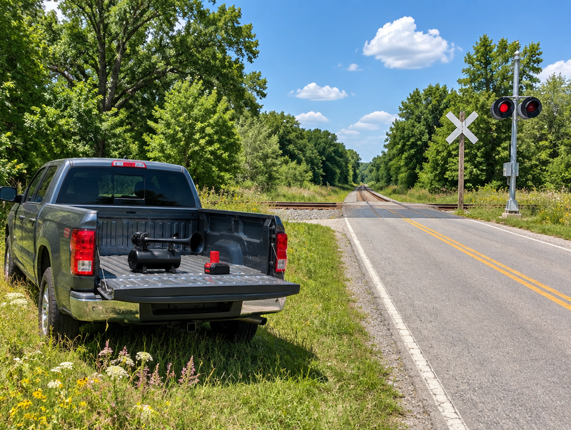 A pickup truck with a train horn in its steel bed parked near a rural railroad crossing on a sunny summer day