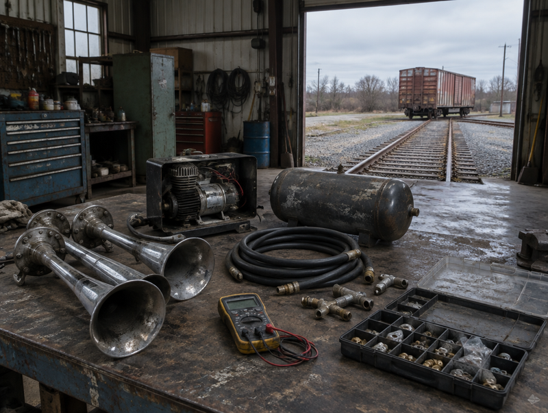 A dusty railway shed workbench holds a disassembled train horn kit, with rails and a boxcar visible through the open door.