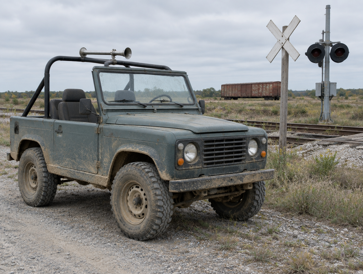 Muddy open-top 4x4 with an air horn clamped to its roll bar, parked beside a rural railway level crossing.