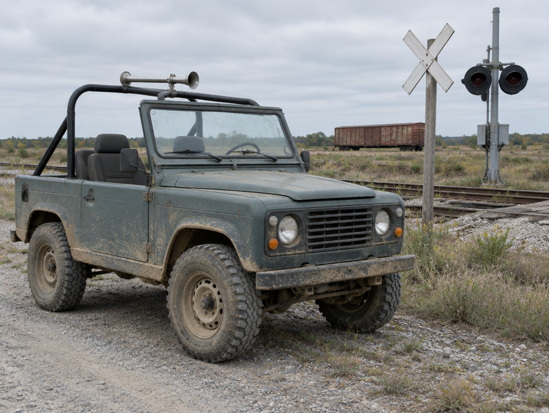Muddy open-top 4x4 with an air horn clamped to its roll bar, parked beside a rural railway level crossing.