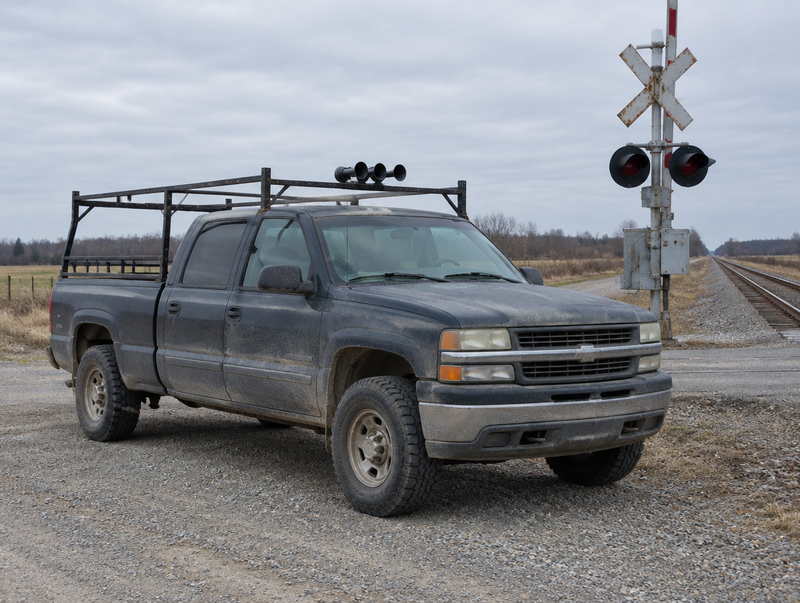 Dusty pickup truck with a bed rack and a mounted horn, parked beside a rural railway level crossing