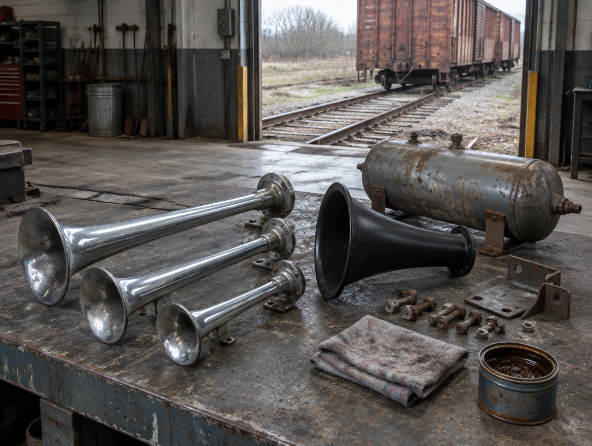 Train horn trumpets, an air tank and rusty hardware on a shed workbench, with rails and a boxcar outside the open door