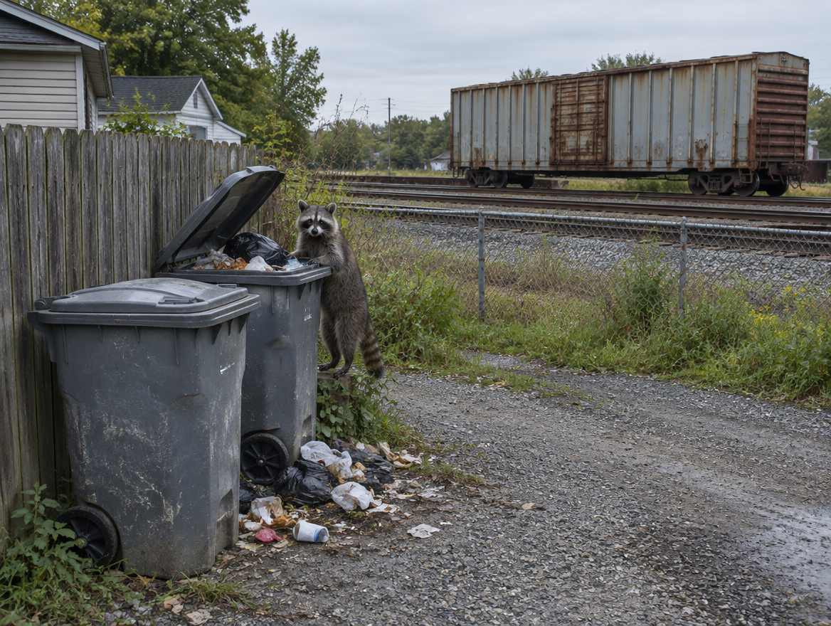 A raccoon at an open trash bin in a gravel alley beside a rail line with a rusty freight boxcar.