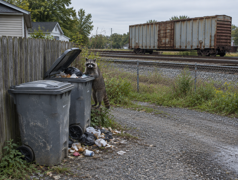 A raccoon at an open trash bin in a gravel alley beside a rail line with a rusty freight boxcar.