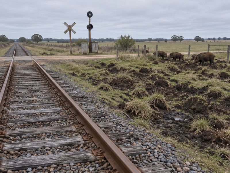 Feral hogs rooting in torn-up pasture beside a rural railway line and a level crossing with a crossbuck.