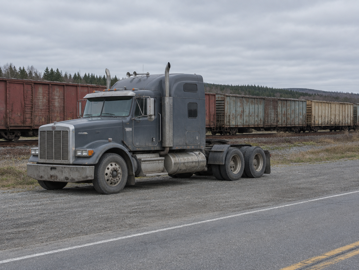 A dusty semi tractor parked on gravel beside a rural rail line with faded freight boxcars behind it.