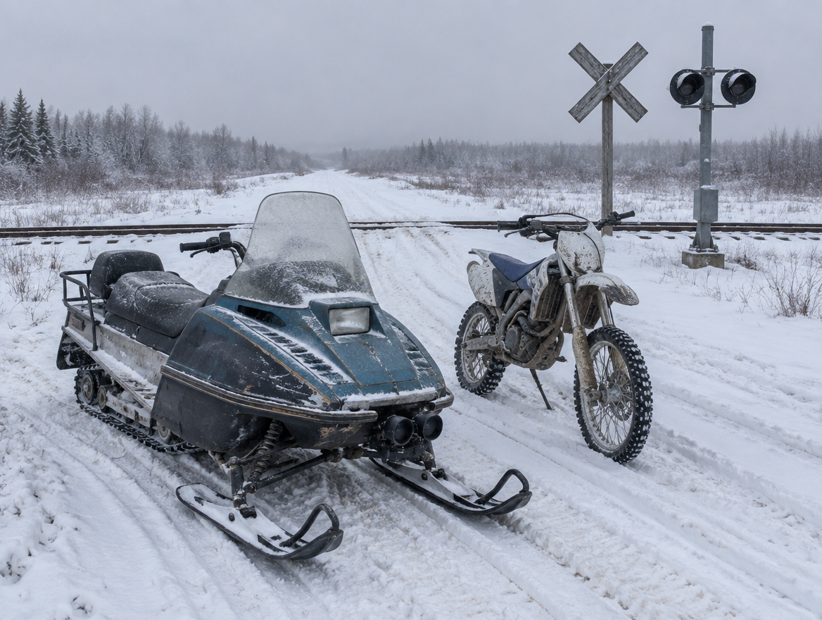 A snowmobile and a dirt bike parked in the snow beside a rural railway level crossing on an overcast day.