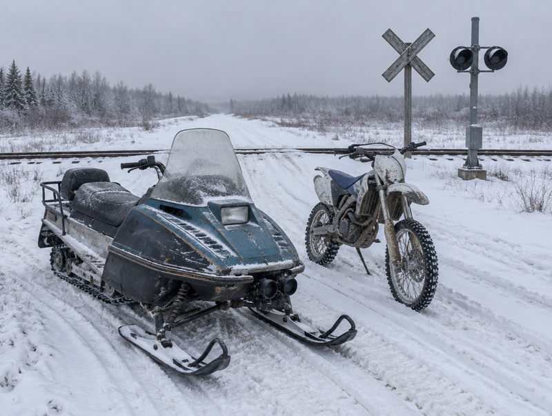 A snowmobile and a dirt bike parked in the snow beside a rural railway level crossing on an overcast day.