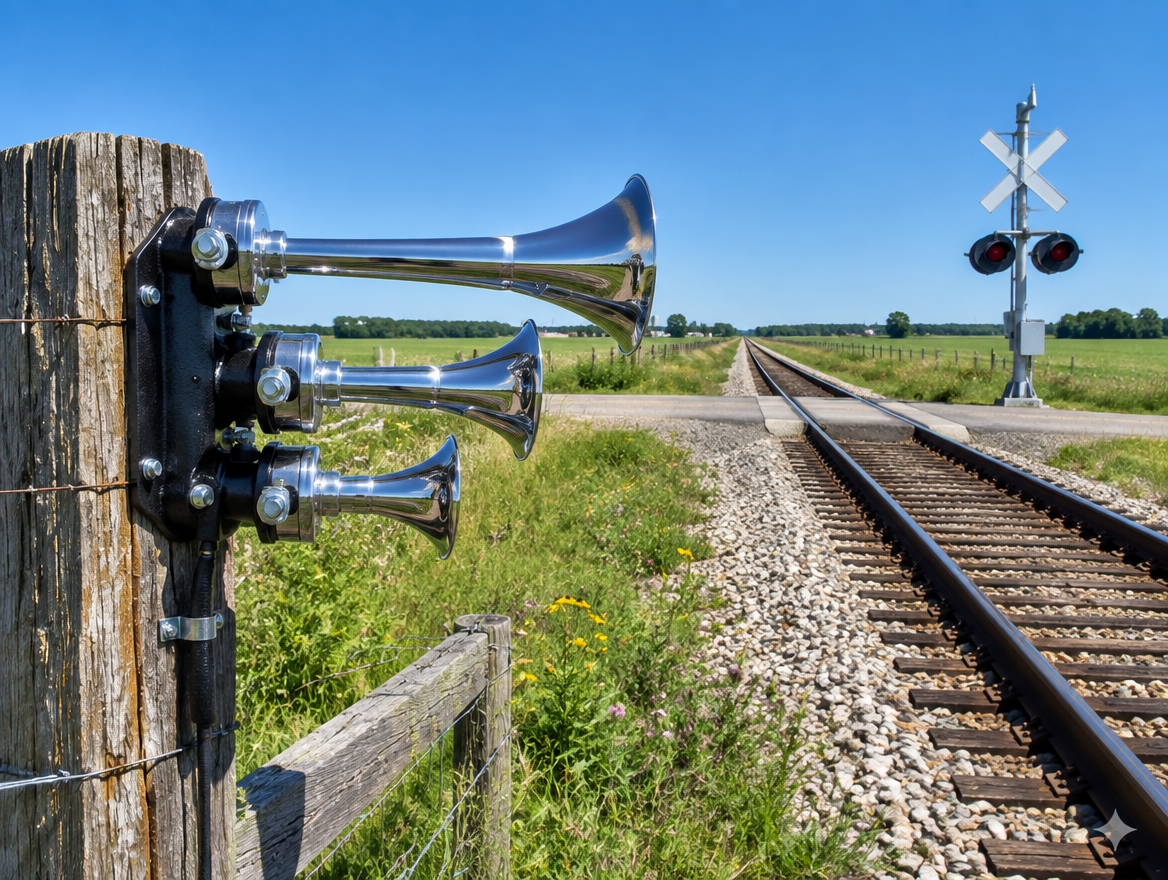 Chrome air horn trumpets mounted on a fence post beside a rural railroad crossing under a bright blue sky.