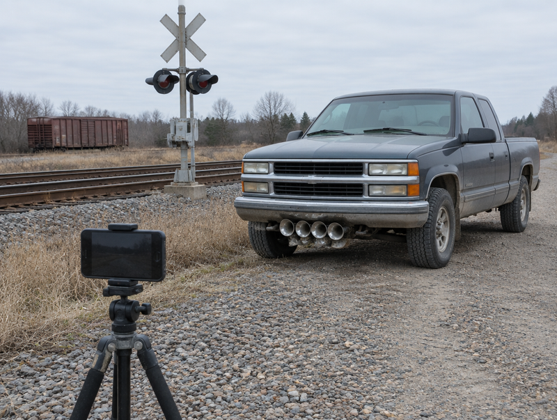 A smartphone on a small tripod aimed at a pickup truck with chrome air horns beside a rural level crossing.