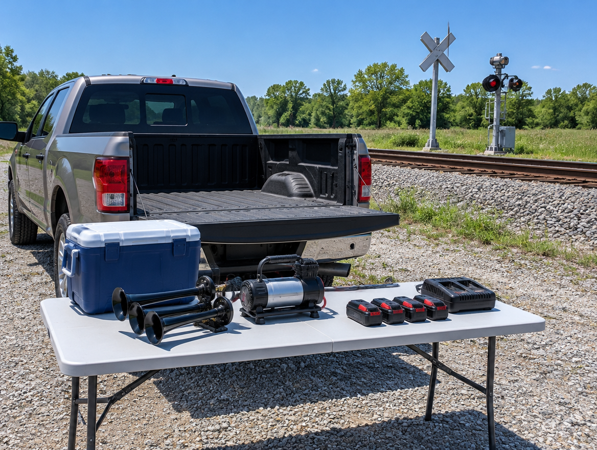 Pickup tailgate with a train horn kit, cooler and red battery packs on a gravel lot beside a rail line and crossbuck.
