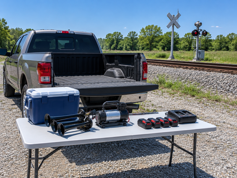 Pickup tailgate with a train horn kit, cooler and red battery packs on a gravel lot beside a rail line and crossbuck.