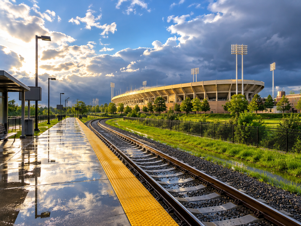 A wet commuter rail platform and shining tracks lead toward a college football stadium under clearing storm clouds.