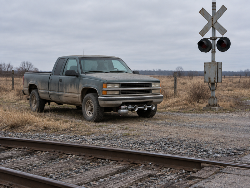 A dusty pickup with air-horn trumpets under its bumper, parked beside a rural level crossing on an overcast day.