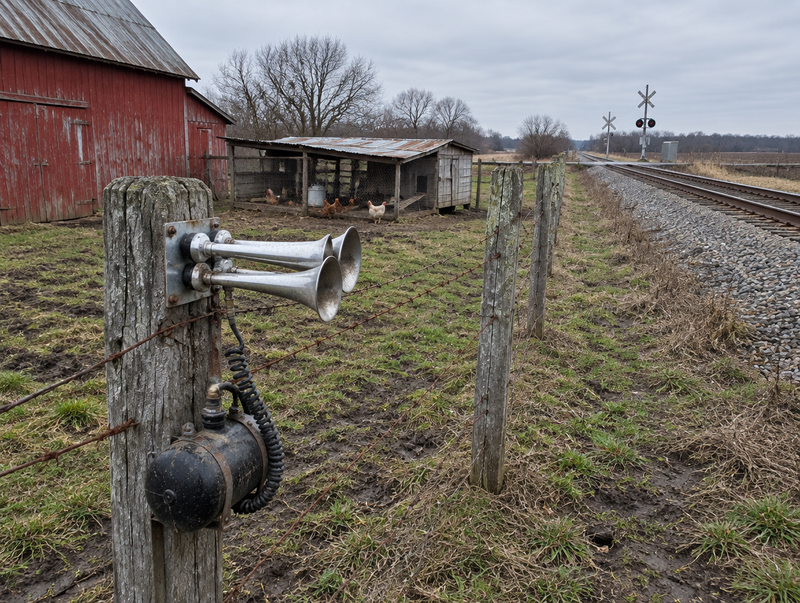 Farm pasture with a barn, chicken coop and an air horn bolted to a fence post beside a single-track railway line.
