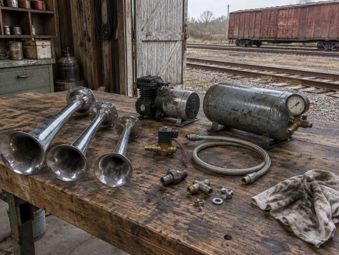 Train horn trumpets, solenoid valve and air tank on a shed workbench, with rails and a boxcar through the open door