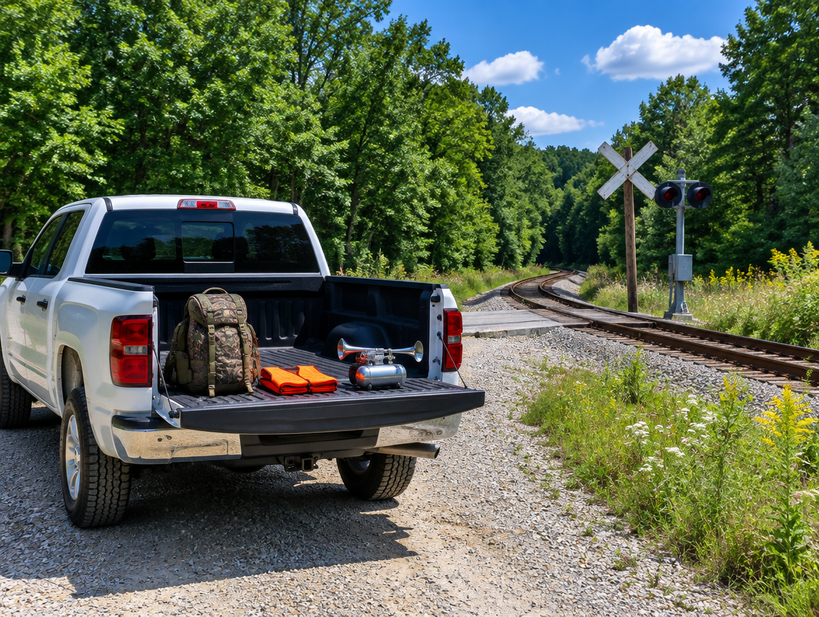 A pickup truck with hunting gear and an air horn on its tailgate, parked by a rural rail crossing at a forest edge in summer.