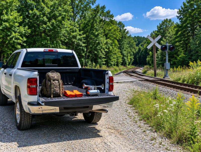A pickup truck with hunting gear and an air horn on its tailgate, parked by a rural rail crossing at a forest edge in summer.