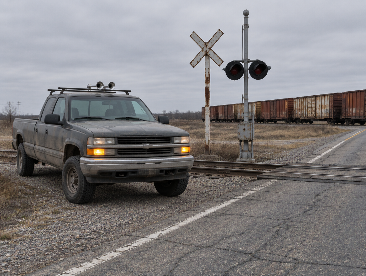 A dusty pickup with roof-mounted air horns parked on a road shoulder just before a railway level crossing.