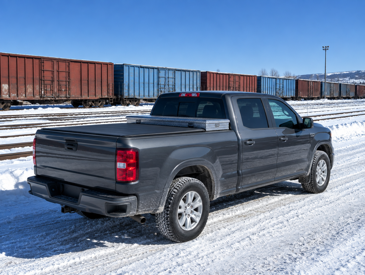 A pickup truck with a bed toolbox and tonneau cover parked by snowy freight yard tracks lined with boxcars.
