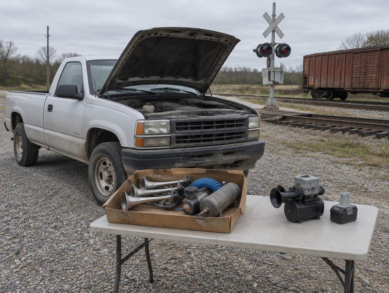 Pickup truck with hood open at a rail crossing, air horn kit parts and a battery horn laid out on a table.