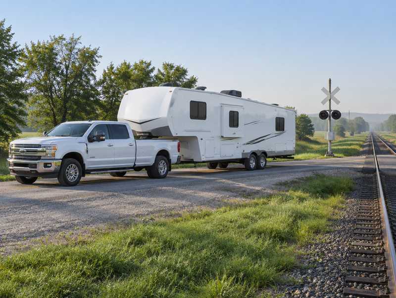 A pickup towing a long fifth-wheel trailer waits at a rural railroad crossing with a crossbuck in soft morning light.