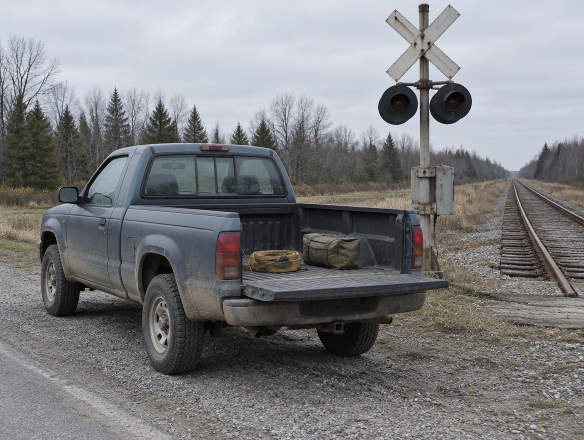 A dusty mid-size pickup with its tailgate down, parked on gravel beside a railway level crossing on an overcast day.