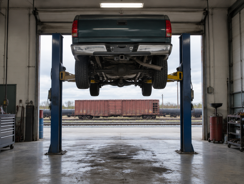 A pickup truck raised on a two-post lift in an inspection bay, a boxcar outside the open door