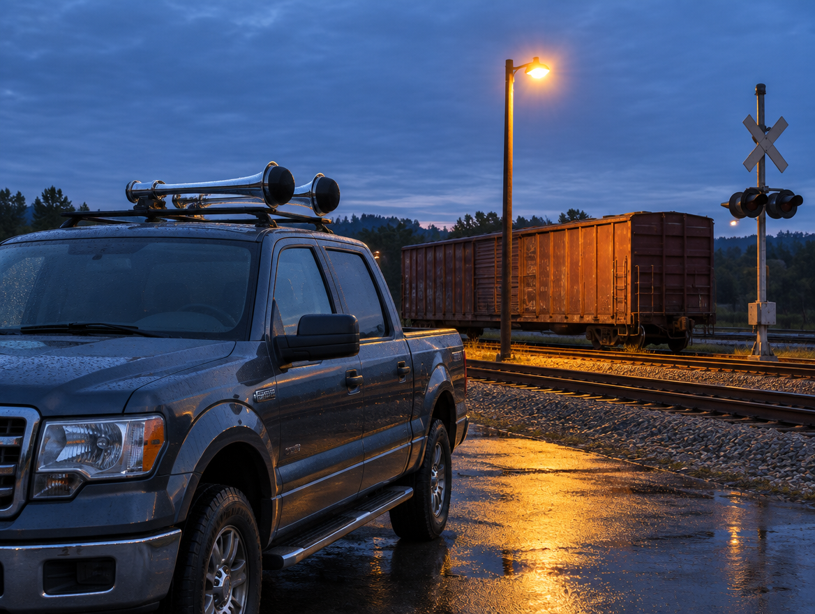 Pickup truck with capped chrome train horns parked beside a rail yard siding at dusk under a warm lamp.