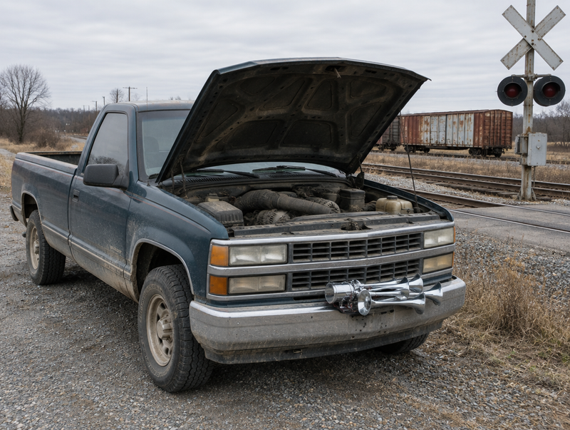 Pickup truck with its hood open beside a rural level crossing, with an air horn resting on the front bumper.