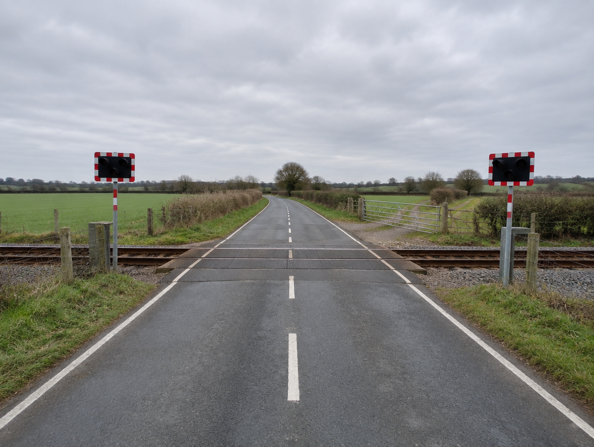 A quiet rural road crossing a single-track railway line, a farm gate branching off beyond
