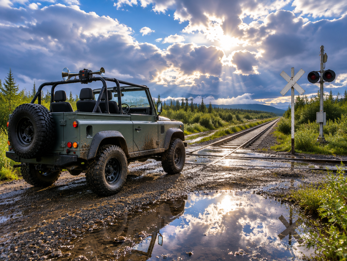An open-top 4x4 with a roll-bar train horn stopped at a wet gravel rail crossing under a sunlit, broken sky after rain.