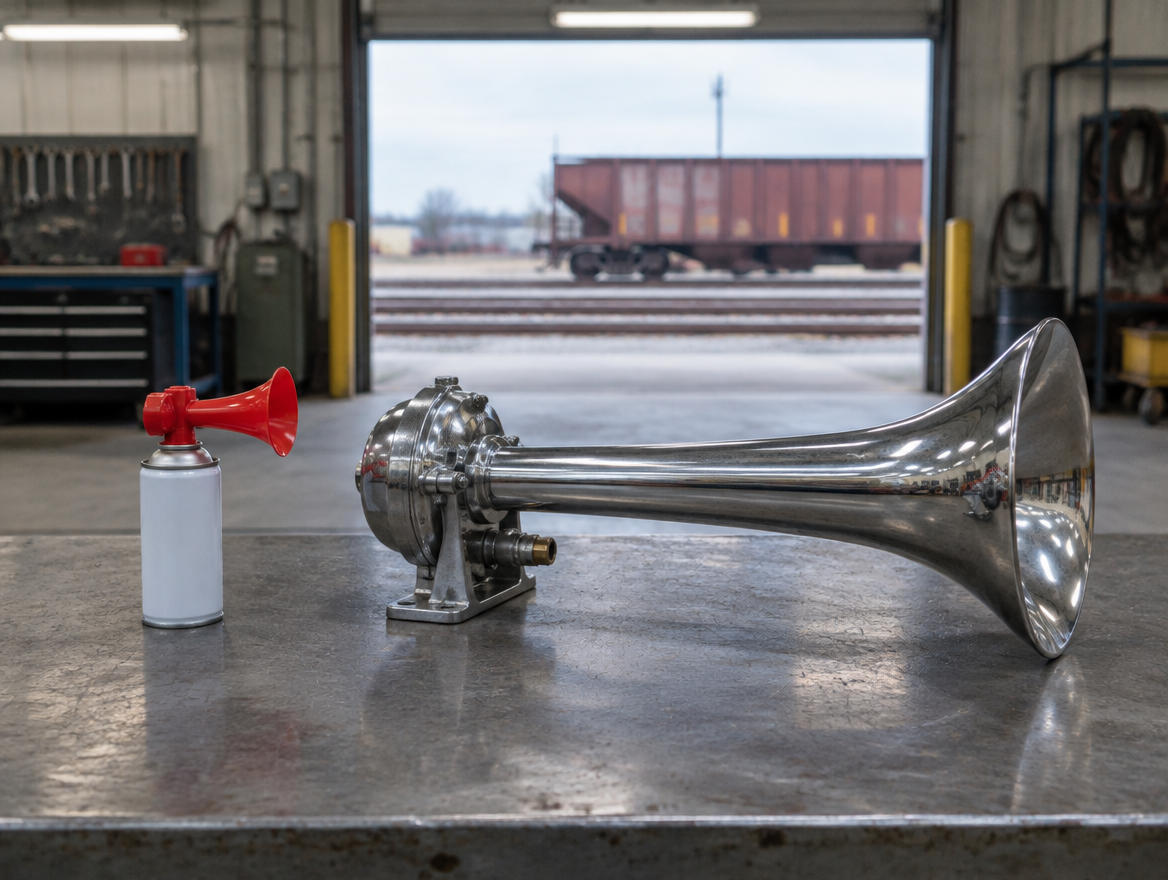 A small aerosol air-horn canister beside a large chrome trumpet horn on a workbench in a rail shed