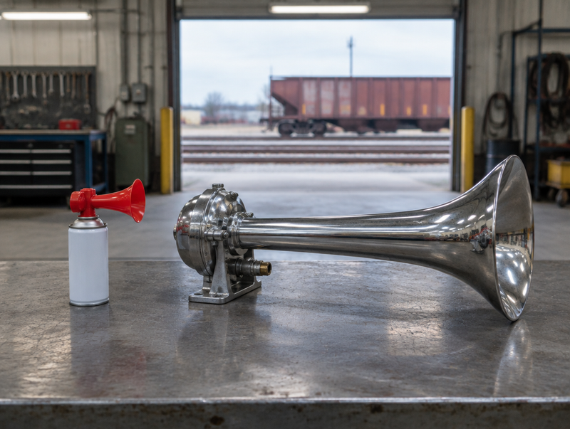A small aerosol air-horn canister beside a large chrome trumpet horn on a workbench in a rail shed