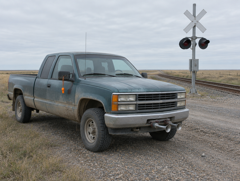 A dusty pickup with chrome air horns parked beside a rural level crossing with a crossbuck and signal mast.